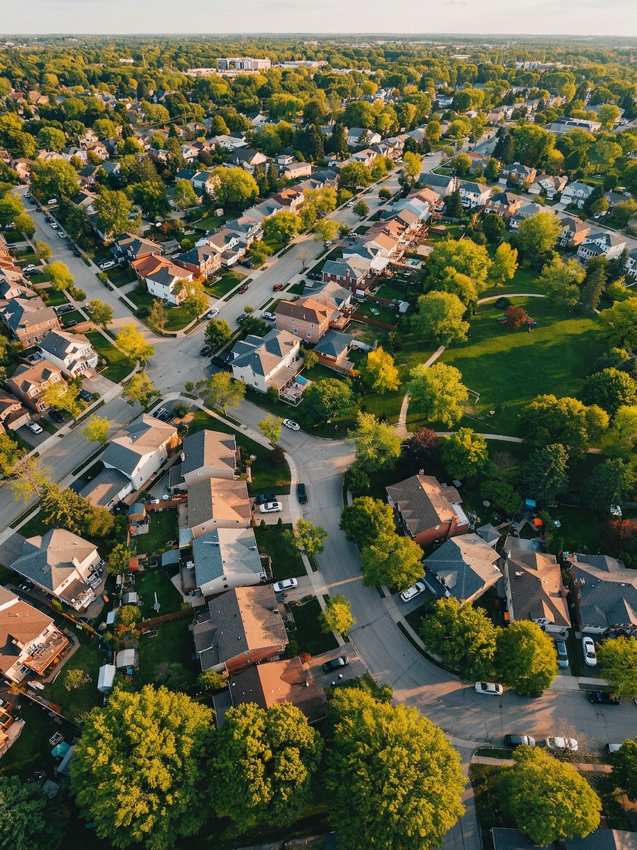 Aerial view of a York Region neighbourhood with established streets and green space