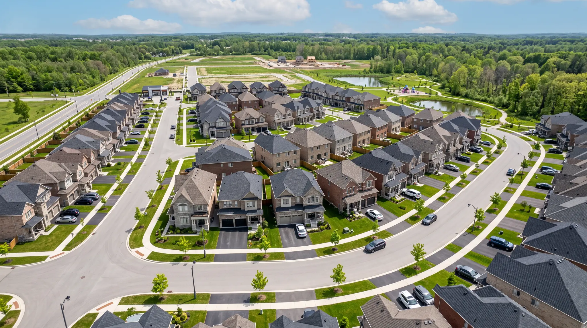 Aerial view of a York Region and South Simcoe neighbourhood with new homes, streets, and green space