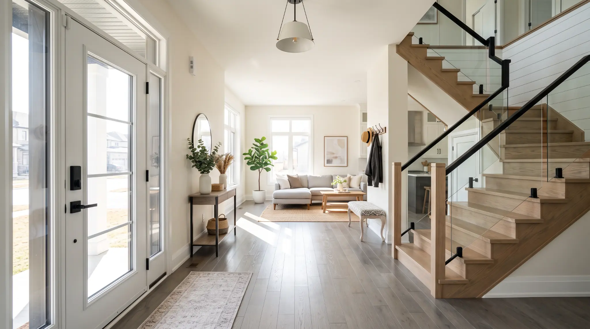 Bright home entry, living space, and staircase illustrating the experience of arriving home