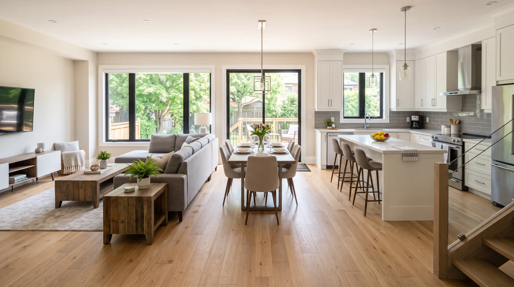 Open concept kitchen, dining, and living space in a bright home