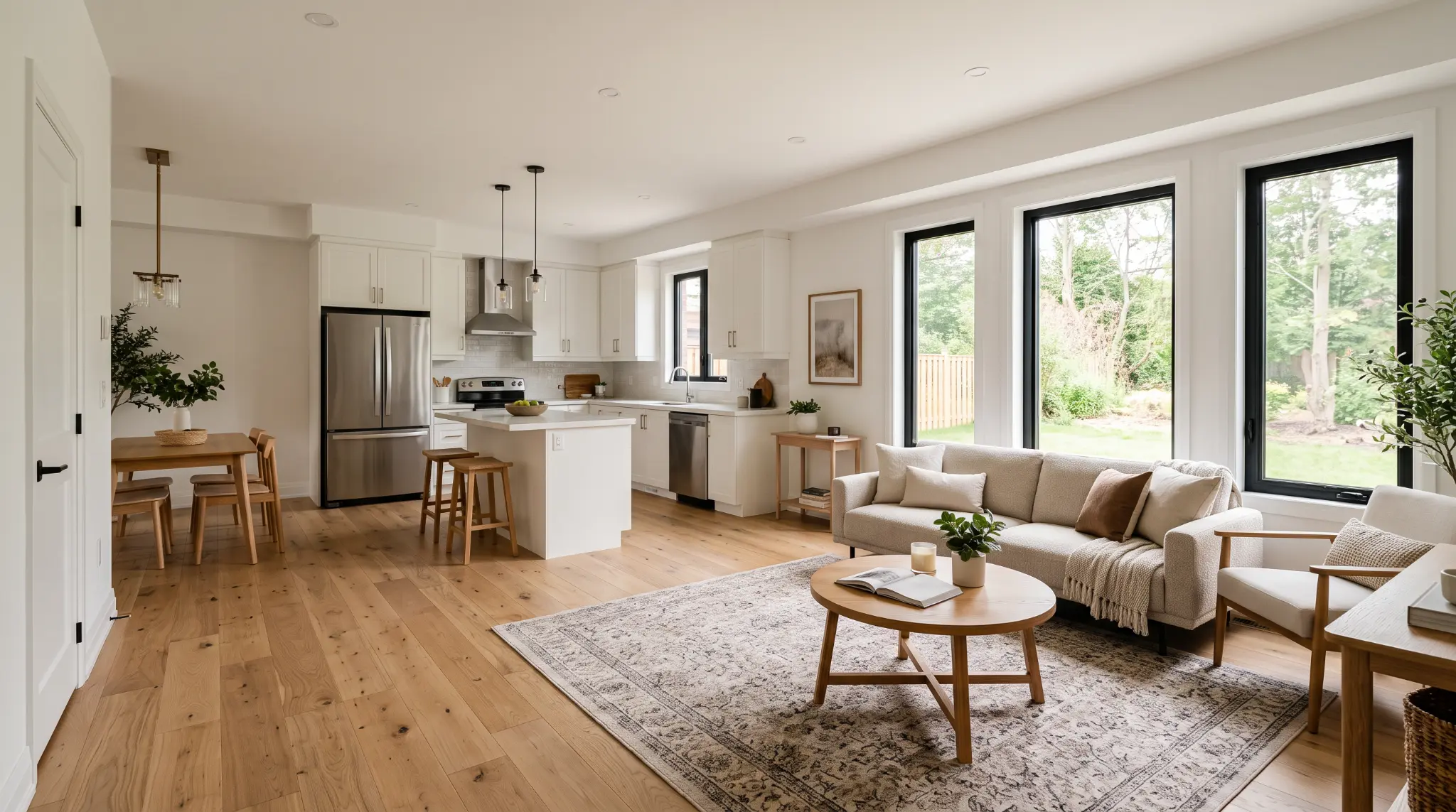 Bright open concept kitchen and living area with large windows